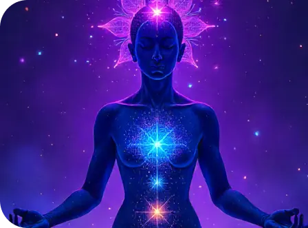 Figura em meditação com os chakras iluminados