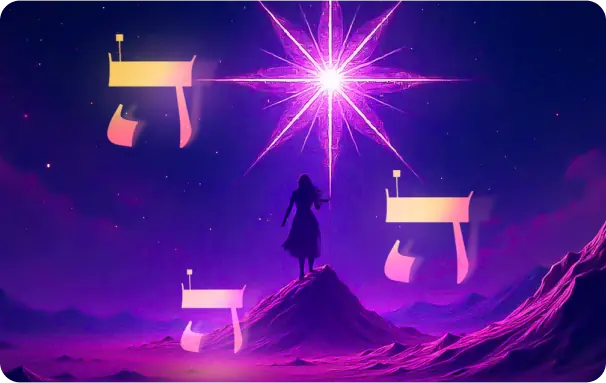 Letras hebraicas de luz no céu, sobre uma pessoa no alto de uma montanha
